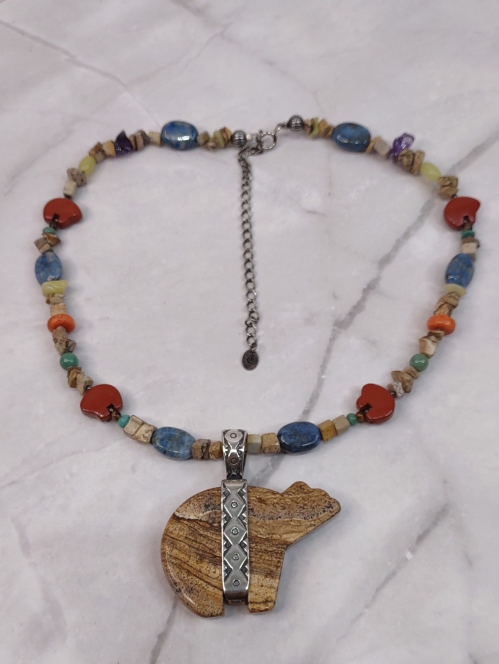 Multi Gemstone Bear Fetish Necklace with Brown Jasper Bear Pendant